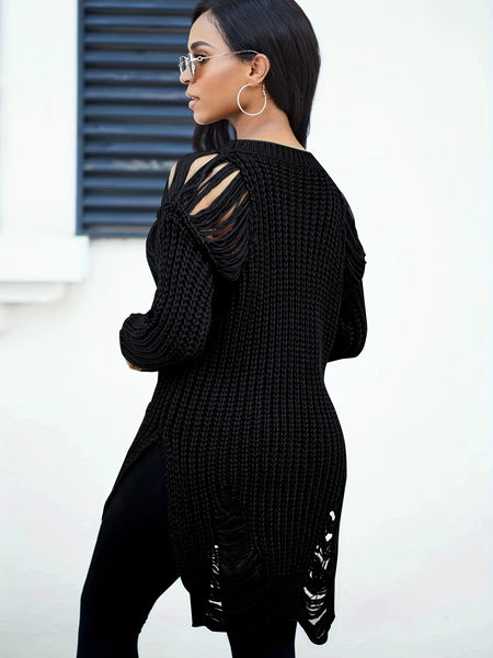 Solid Crew Neck Ripped Split Pullover Sweater FH9741 Furdela