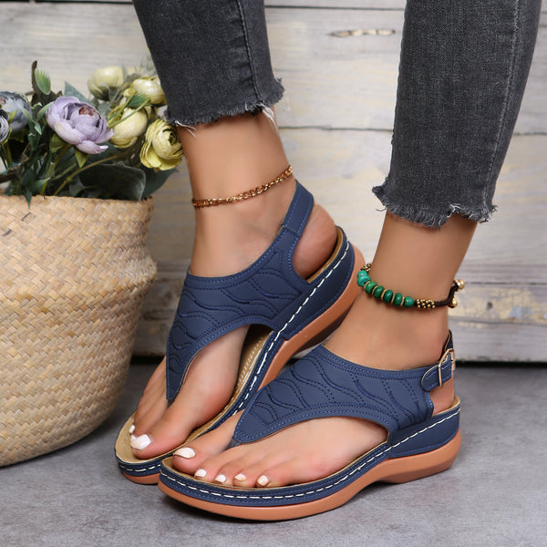 Women's Thone Wedge Sandals, Solid Color Ankle Buckle Strap Slingback Open Toe Shoes, Casual Retro Shoes SE1034