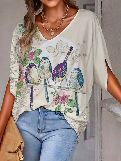 V Neck Casual Bird Loose tunic Shirt QAD35