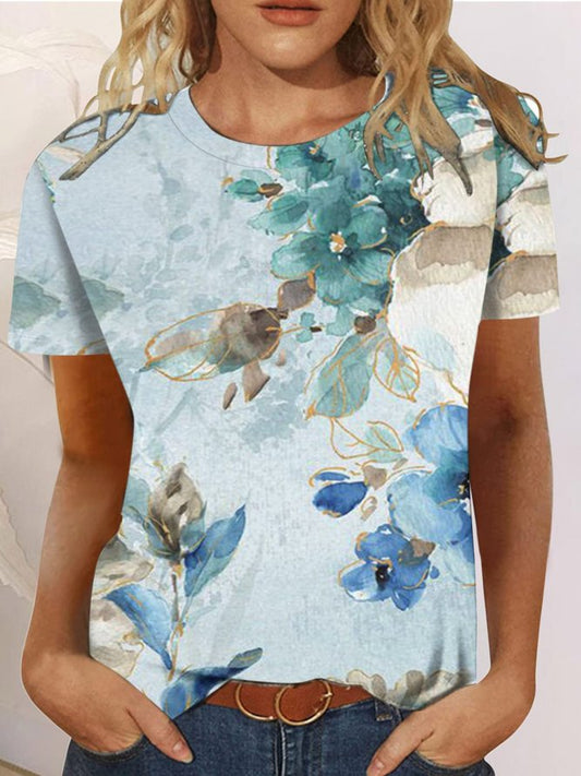 Loose Floral Crew Neck Casual T-Shirt OU14