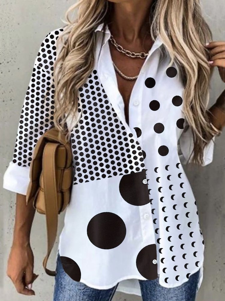 Casual Polka Dots Long Sleeve Shirt Collar Printed Blouses  WZ68