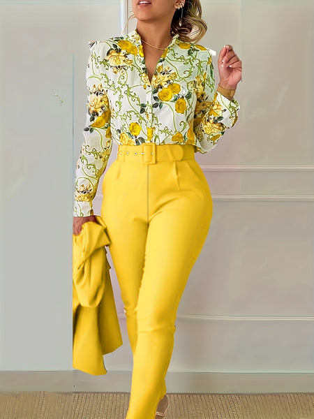 Floral Print V Neck Long Sleeve Blouse & Solid Belted Tapered Pants TD0870 Furdela