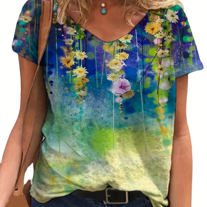 Floral Print V Neck T-Shirt, Casual Short Sleeve T-Shirt For Spring &amp; Summer, Women's Clothing RA1010