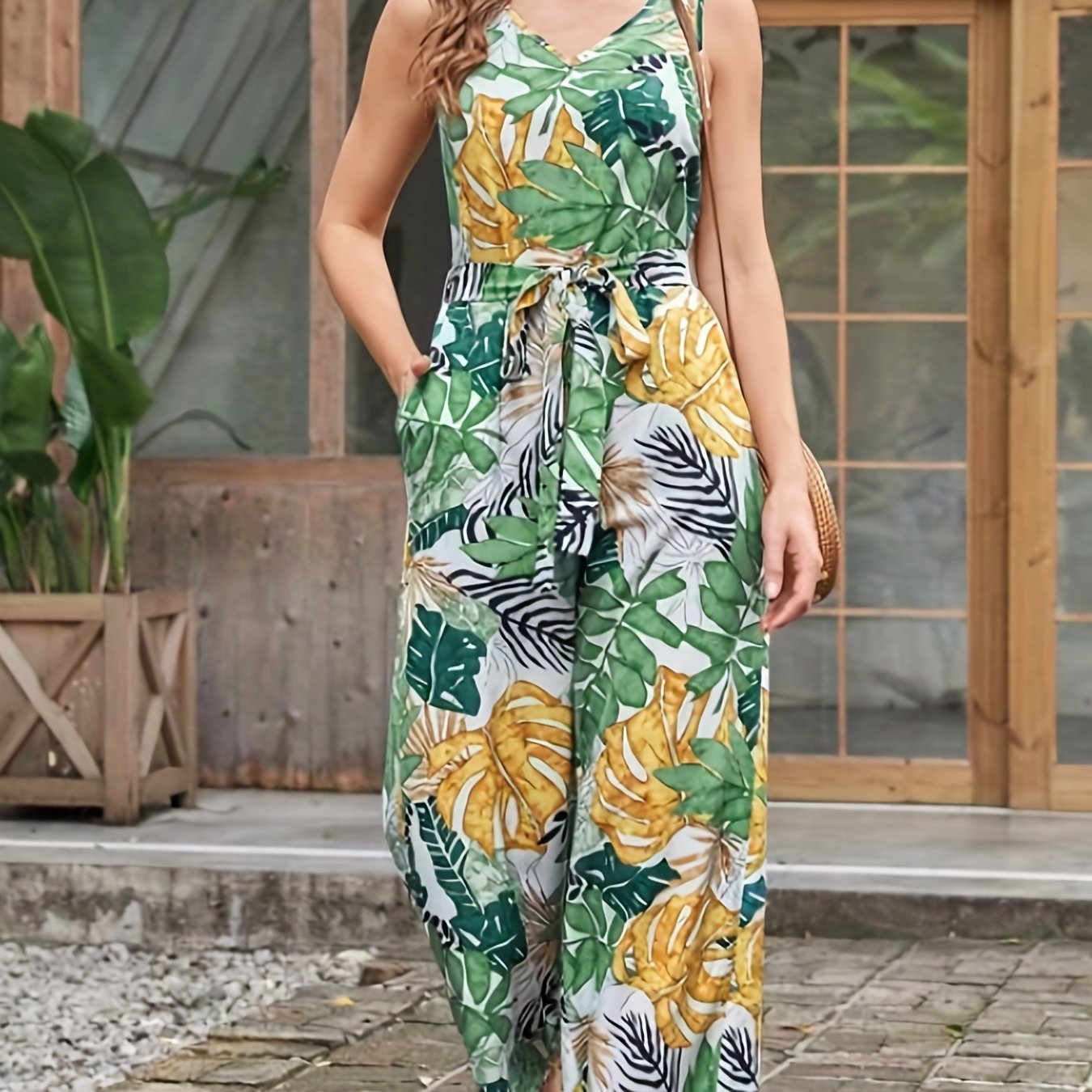 Boho Tropical Print Wide Leg Jumpsuit, Boho V-neck Sleeveless Tank Jumpsuit, Women's Clothing AZ1002