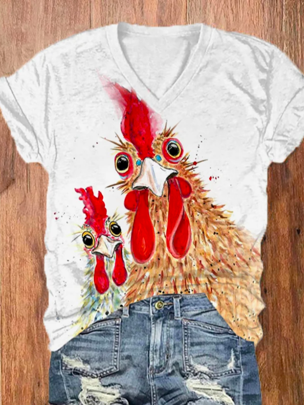 Women's Fun Chicken Print V-Neck Loose V Neck Casual T-Shirt  WS119