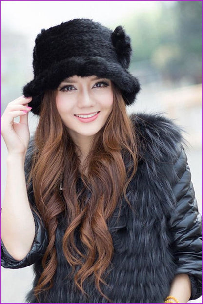 100% Real Lady Knitted Mink Fur Hat Cap - Furdela