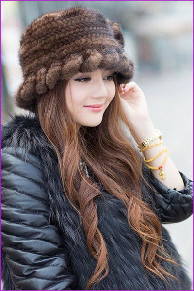 100% Real Lady Knitted Mink Fur Hat Cap - Furdela