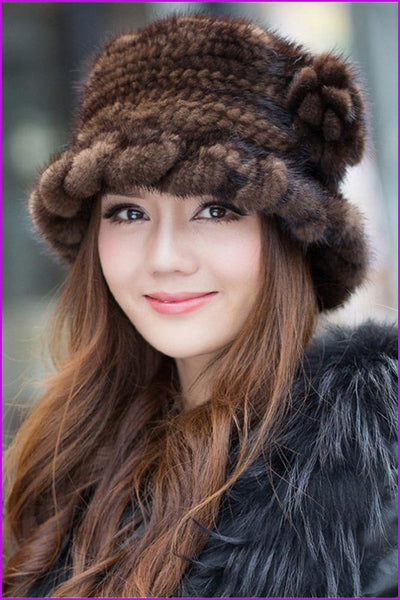 100% Real Lady Knitted Mink Fur Hat Cap - Furdela