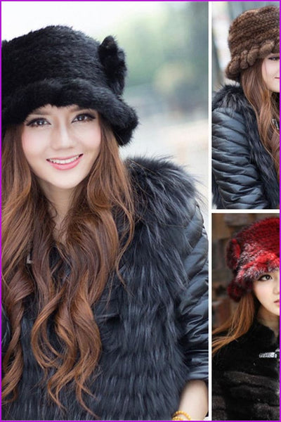 100% Real Lady Knitted Mink Fur Hat Cap - Furdela