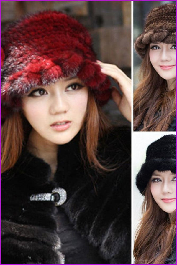 100% Real Lady Knitted Mink Fur Hat Cap - Furdela