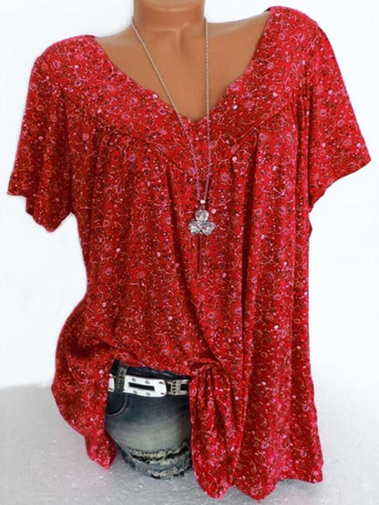 Women's Casual V Neck Floral Short Sleeve Top AT10077