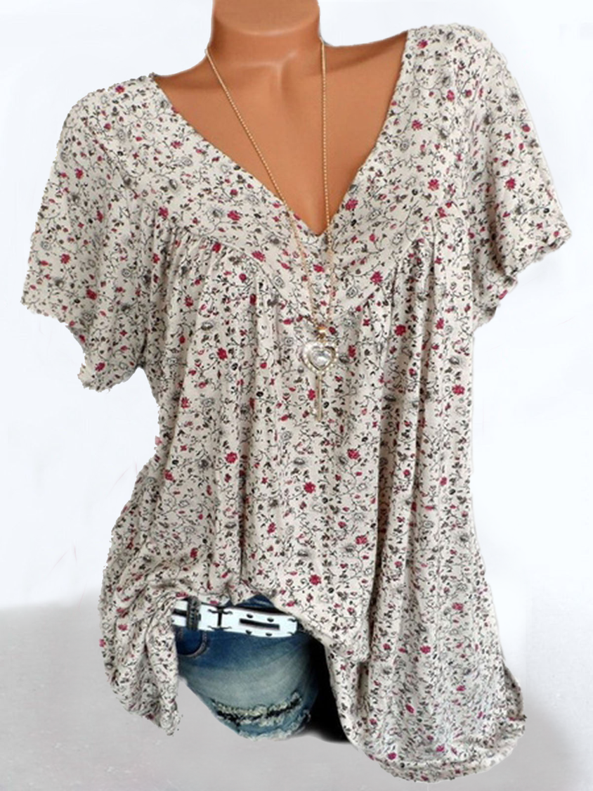 Women's Casual V Neck Floral Short Sleeve Top AT10077