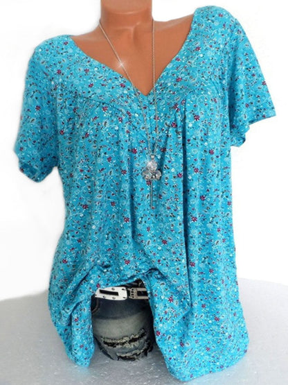 Women's Casual V Neck Floral Short Sleeve Top AT10077