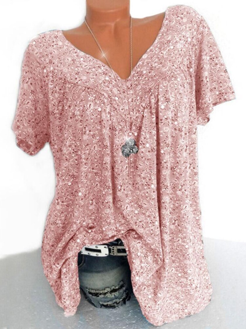 Women's Casual V Neck Floral Short Sleeve Top AT10077