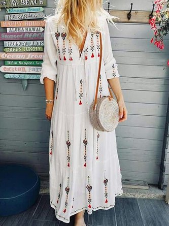 V Neck Women Dresses Cotton Embroidered Dresses MMr44