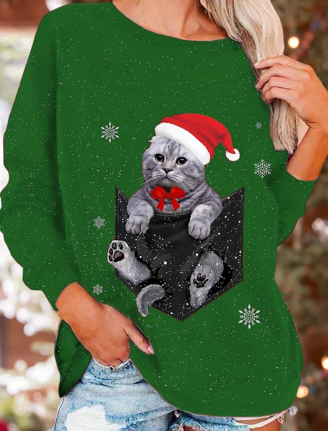 Women Christmas Cute Funny Cat Crew Neck Sweatshirt Top PJ31 - Furdela