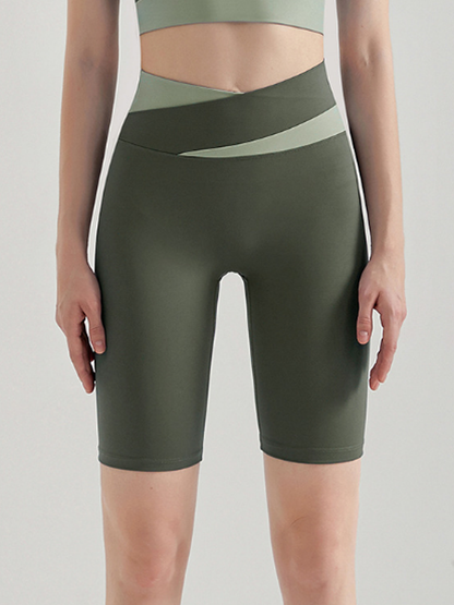 Cross waist color matching fitness pants women&#x27;s high elastic quick-drying breathable sports pants five-point pants bottoming yoga pants shorts  QN117