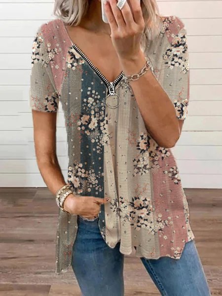 Women's V Neck Floral Loosen Casual Short Sleeve Top ap42