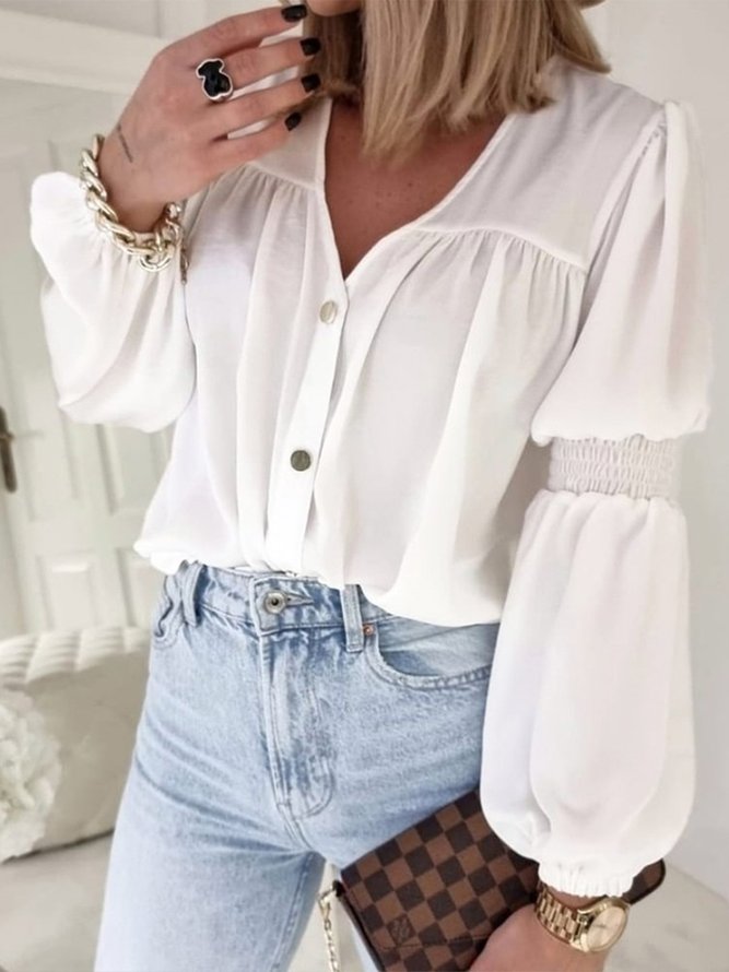 Elegant Lantern Sleeve Loose V Neck Blouse OU50