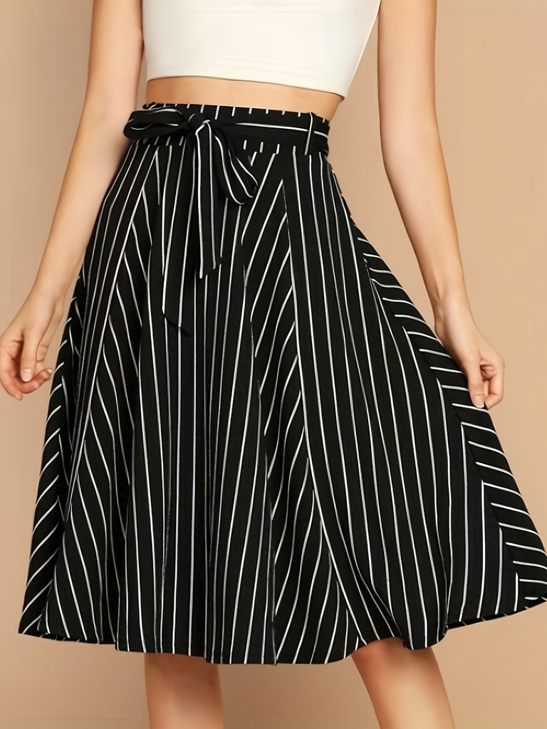 Striped Print Tie Waist Skirts, Elegant Pleated Knee Length Summer Skirts, Women's Clothing AZ10014