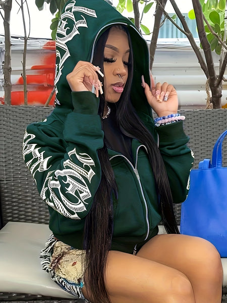 Letter Print Long Sleeve Zip Up Hoodies RG2041 Furdela