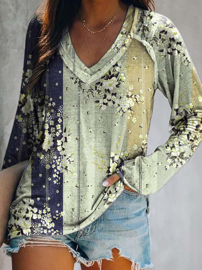 Women Casual Floral Autumn Daily Jersey Best Sell Long sleeve Regular H-Line Tunic T-Shirt QAL3