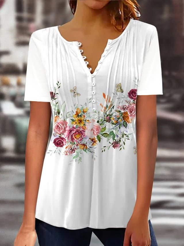 Women T-shirts V Neck White Floral Printing ap20