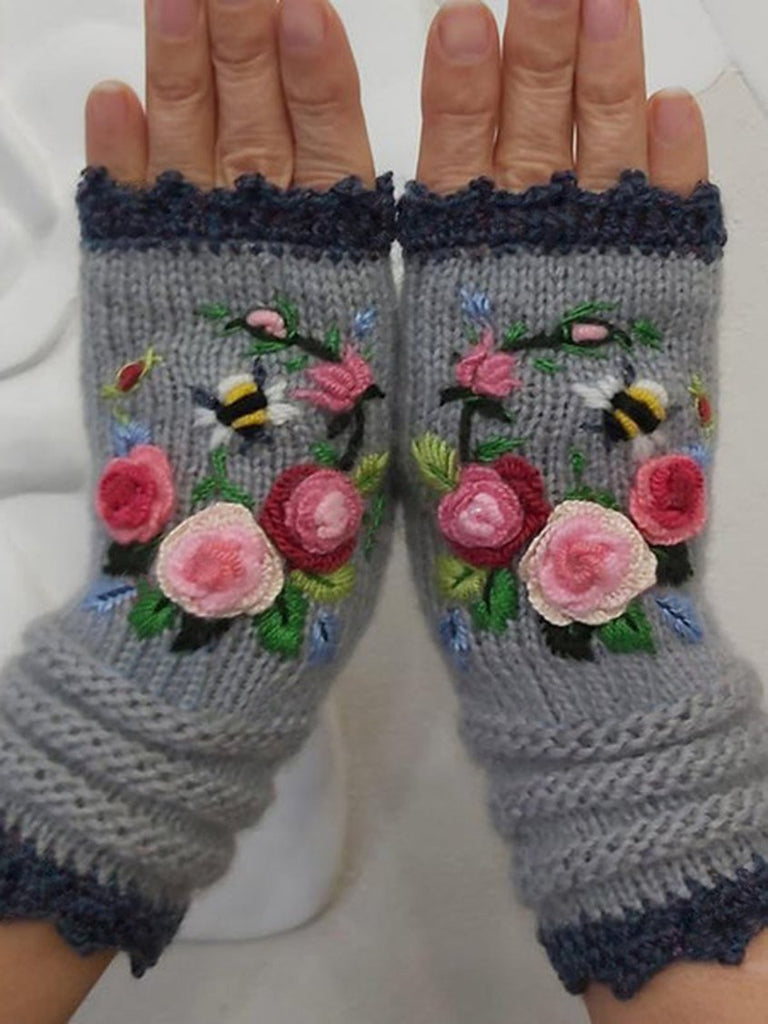 Embroidered Flower Fingerless Gloves Gloves cc41