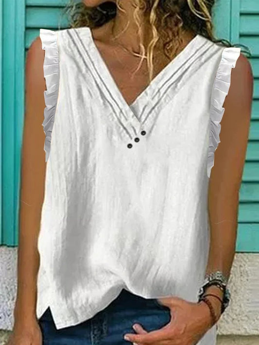 women&#x27;s ruffled irregular collar Regular Fit Linen Tank Top  WG89