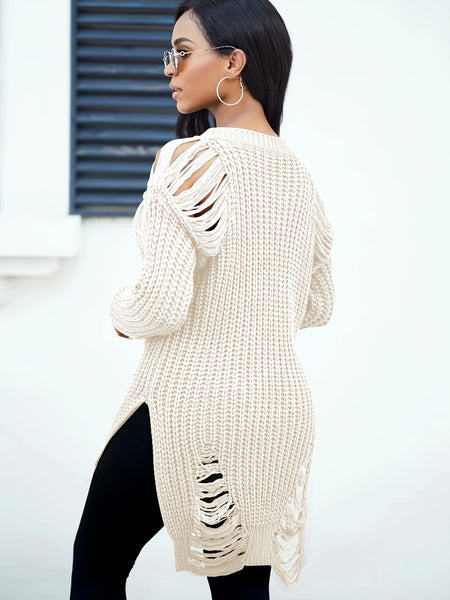 Solid Crew Neck Ripped Split Pullover Sweater FH9741 Furdela