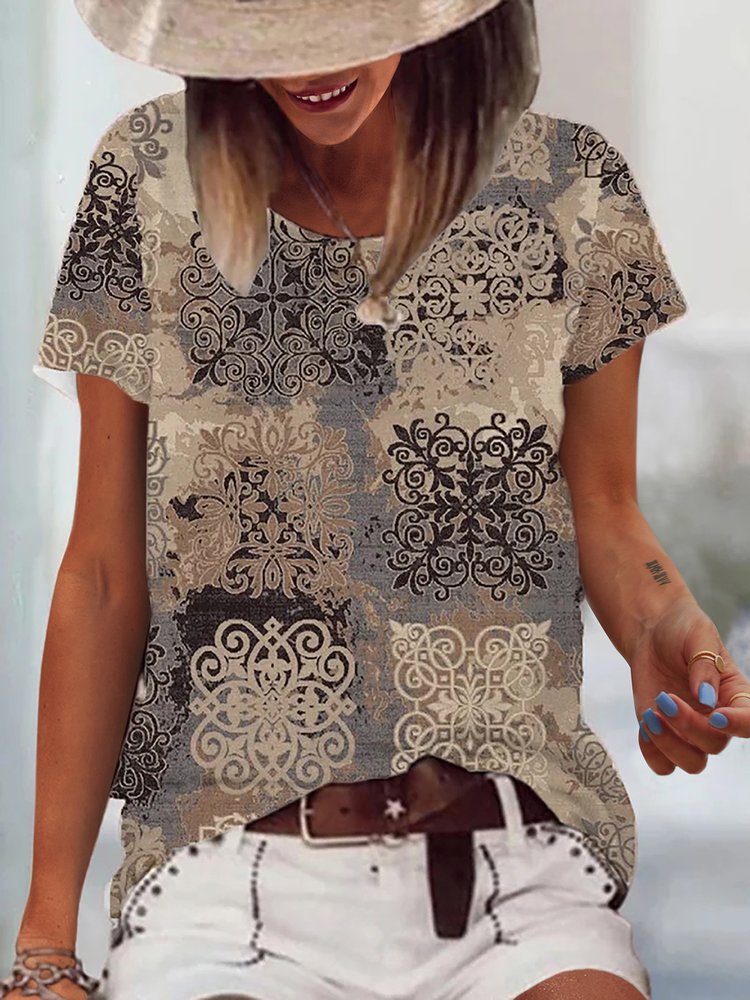 Casual Geometric Printed Round Neck Loosen Short Sleeve T-shirt  QH109