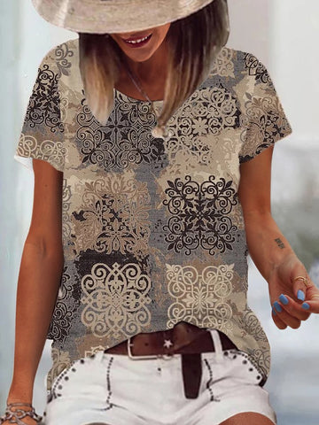 Casual Geometric Printed Round Neck Loosen Short Sleeve T-shirt  QH109