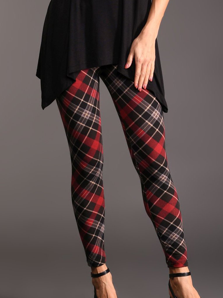 Elastic waist Checked/Plaid Printed Vintage Leggings BB45