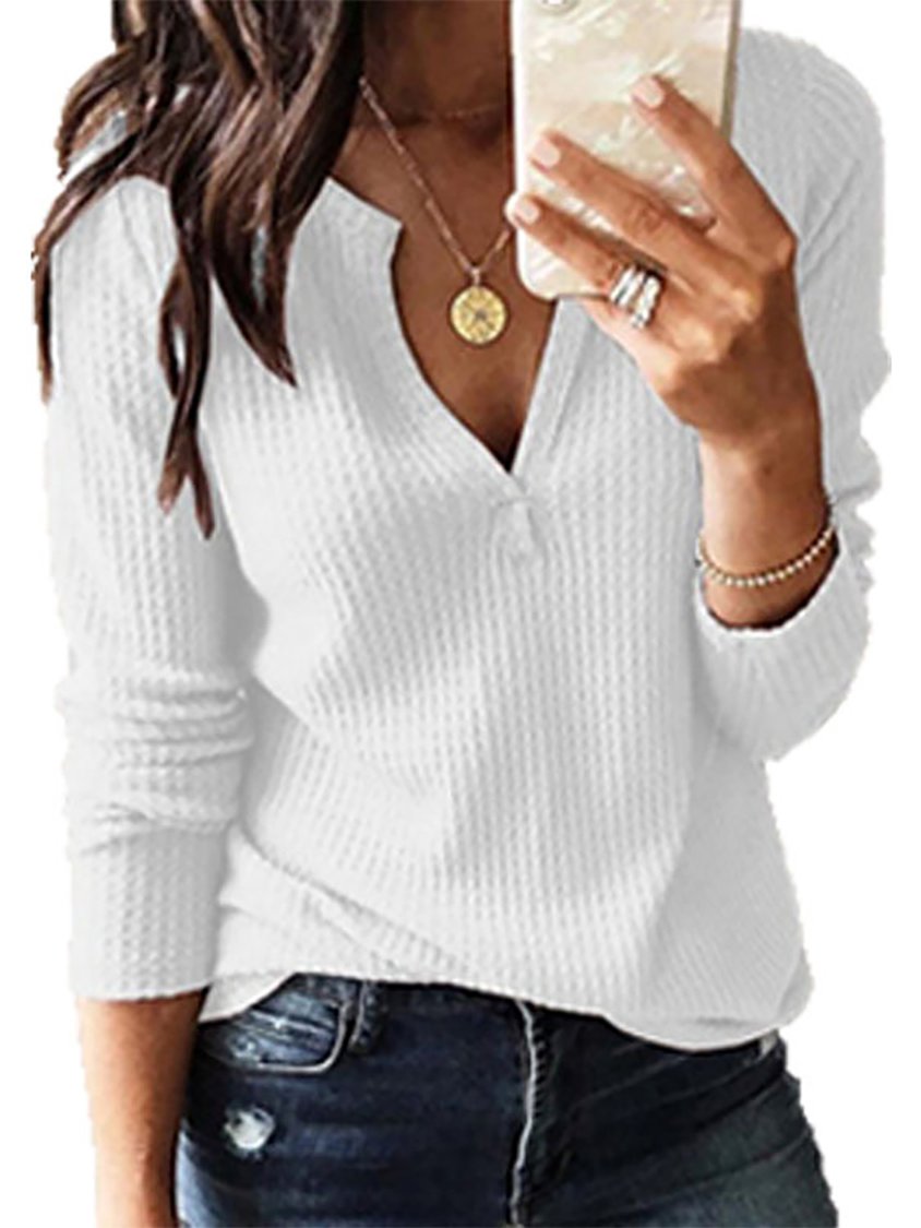 Women Plain Autumn Casual V neck Micro-Elasticity Vintage Solid Long Sleeve shirt &amp; Top QAL17