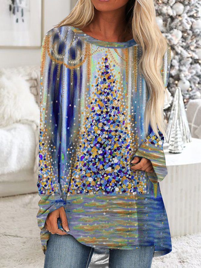 Women's Gradient Long Sleeve Tunic Tops Christmas Tree Printed PJ21 - Furdela