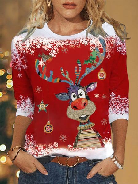 Women's Red Sweatshirt Christmas Reindeer Printed PJ25