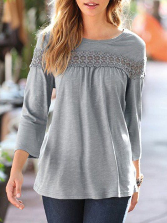 Crew Neck Casual Loose Plain Lace Top QMN44