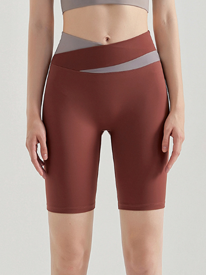 Cross waist color matching fitness pants women&#x27;s high elastic quick-drying breathable sports pants five-point pants bottoming yoga pants shorts  QN117