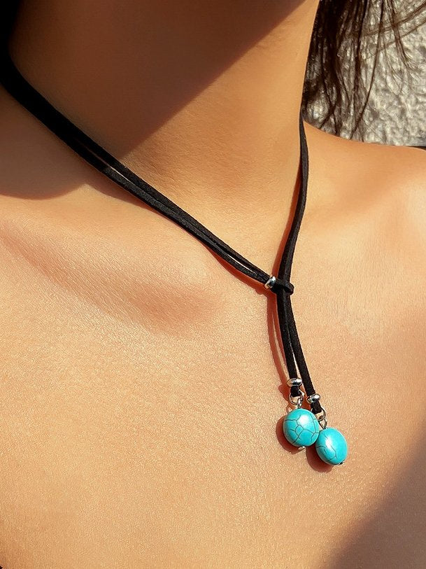 Vintage Turquoise Leather Layered Necklace Western Style Ethnic Casual Women's Jewelry cc23