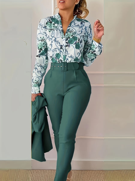 Floral Print V Neck Long Sleeve Blouse & Solid Belted Tapered Pants TD0870 Furdela