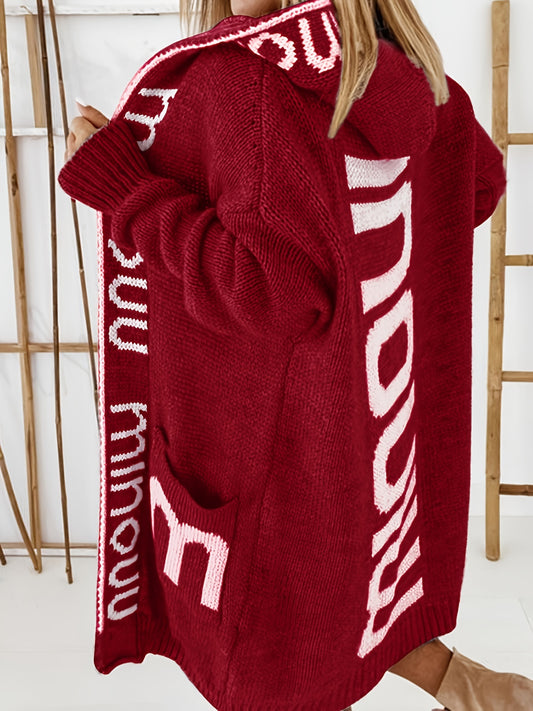 Letter Print Waterfall Collar Knit Cardigan ET8214 Furdela