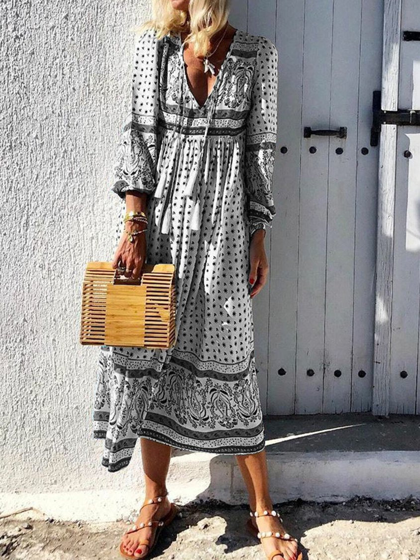 Women Daytime Boho V-Neck Printed Paneled Dress MMr3