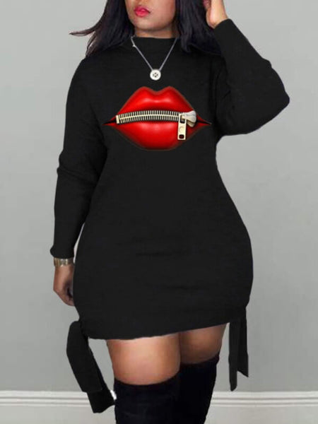 Leisure O Neck Lip Print Black Mini Dress AR50128