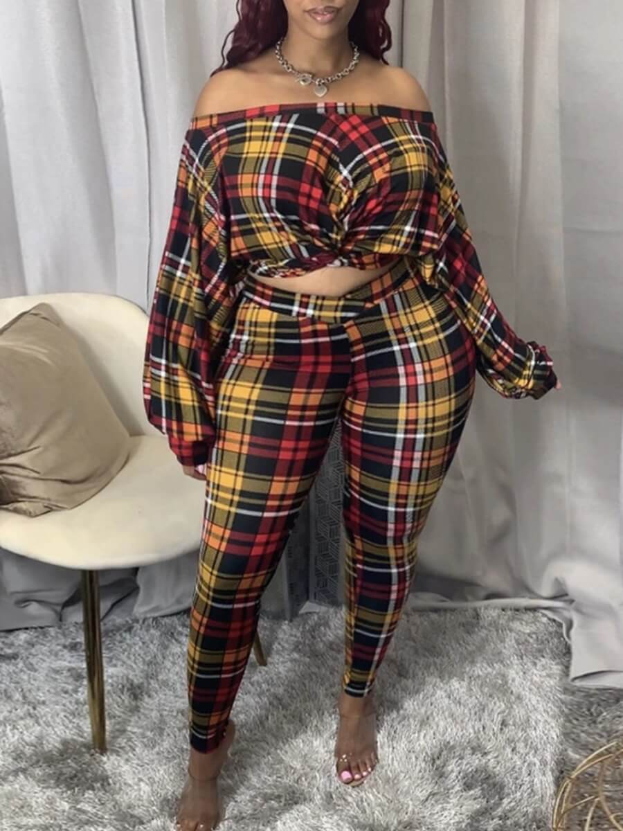 Plus Size Trendy Dew Shoulder Grid Print Purple Two-piece Pants Set BO504 Furdela