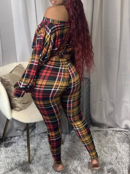 Plus Size Trendy Dew Shoulder Grid Print Purple Two-piece Pants Set BO504 Furdela