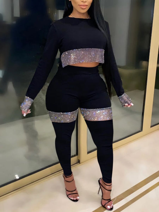 Plus Size Crop Top Sequined Pants Set BO2156
