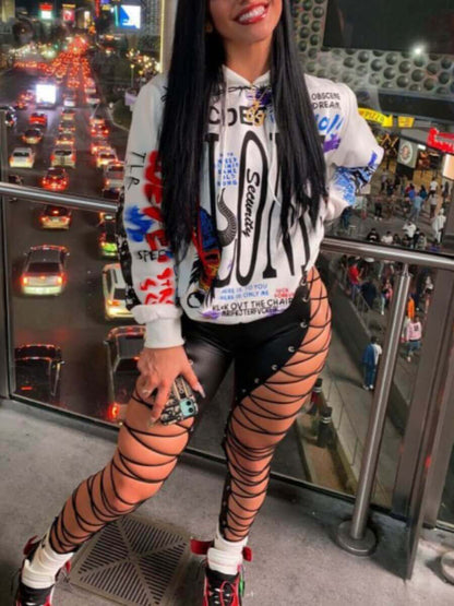 Street Hooded Collar Letter Print White Hoodie AR7091