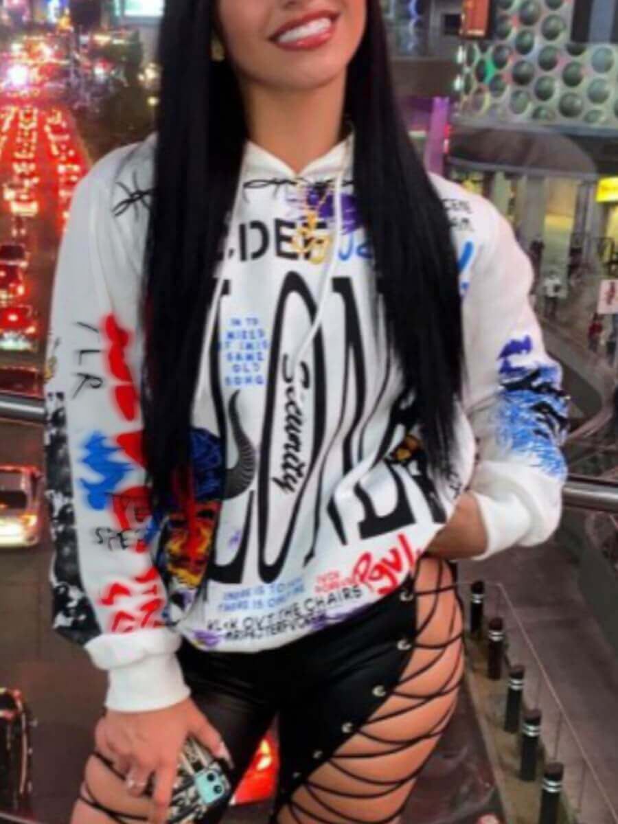 Street Hooded Collar Letter Print White Hoodie AR7091