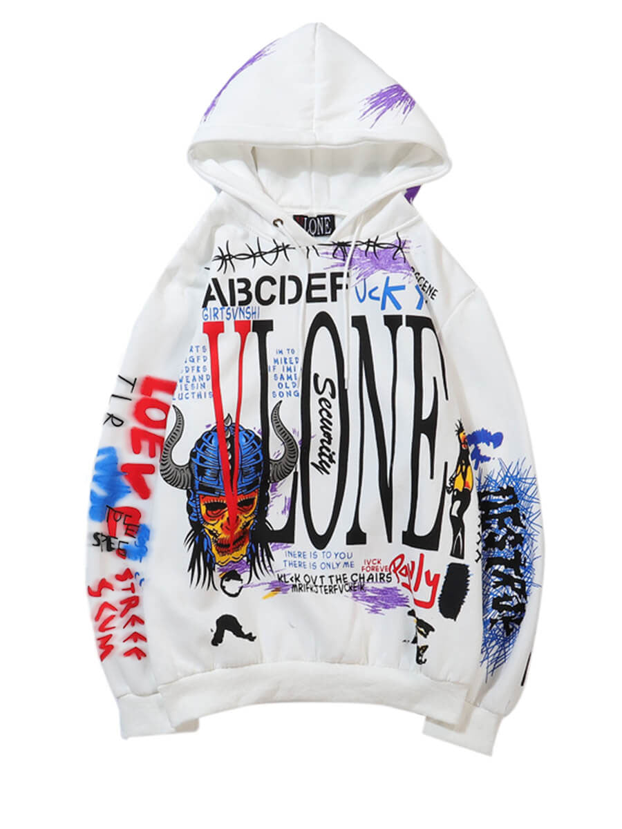 Street Hooded Collar Letter Print White Hoodie AR7091