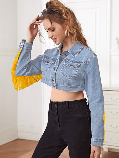 Tassel Design Crop Top Denim Jacket BO5066 Furdela